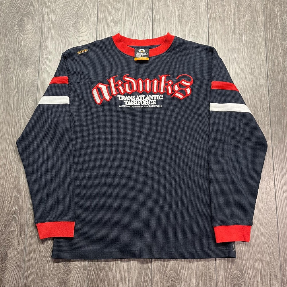 Vintage Akademiks Embroidered Chain Stitch Spellout Medium  Blue Thermal Shirt